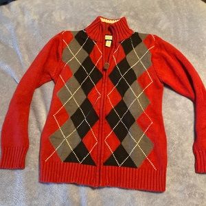 7/8 argyle full zip sweater. Barely worn. Dark red with black and grey.
